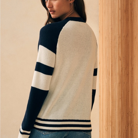 Faherty Throwback Waffle Crewneck Cotton & Cashmere Navy & Cream Sweater Size S - Picture 2 of 6